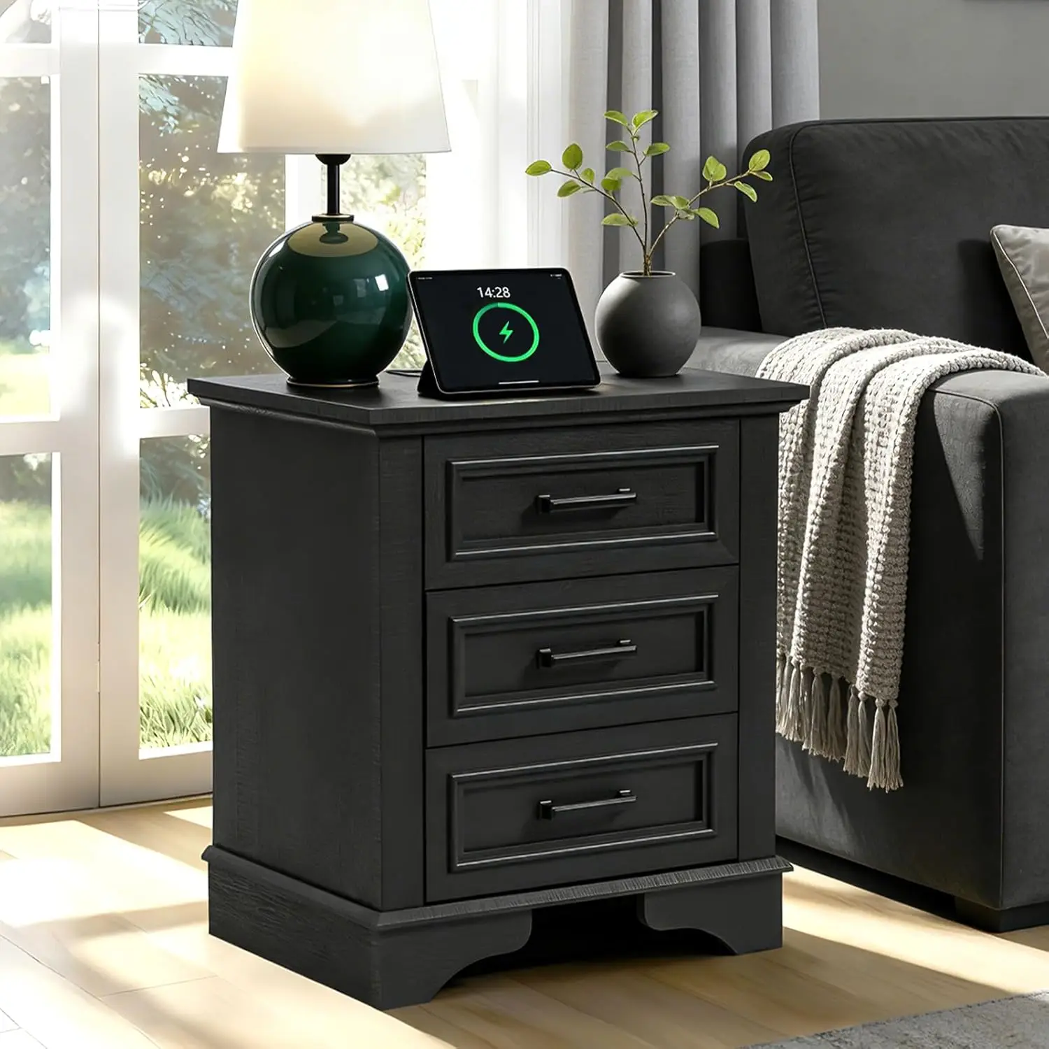 22-Inch Wide Modern Nightstand with Charging Station, End Table with 3 Large Drawers, Simple Design Bedside Table for Bedroom
22-Inch Wide Modern Nightstand with Charging Station, End Table with 3 Large Drawers, Simple Design Bedside Table for Bedroom