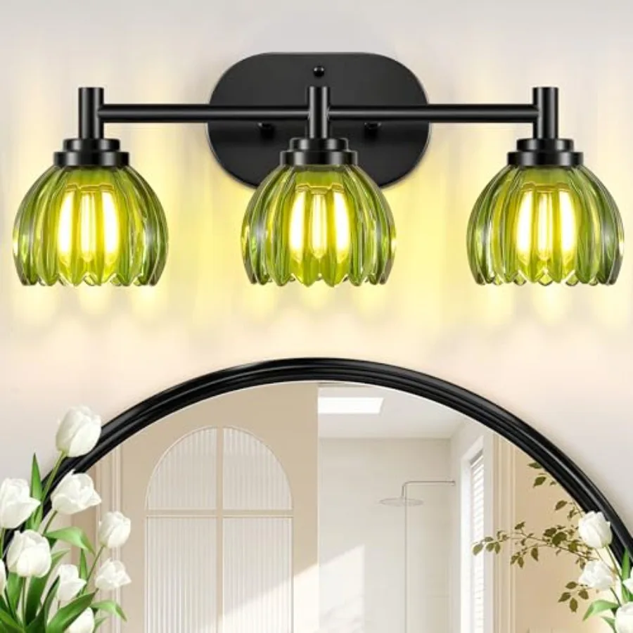 Bathroom Vanity Light, 3-Light Vanity Lighting Fixtures with Green Tulip Glass Shade, Modern Bathroom Wall Mount Lamp, Vanity L
Bathroom Vanity Light, 3-Light Vanity Lighting Fixtures with Green Tulip Glass Shade, Modern Bathroom Wall Mount Lamp, Vanity L