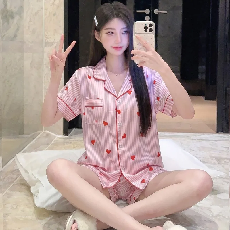 Summer Women's Pajama Set Pink Striped Red Heart Print Lapel Neck Short Sleeve Short Pants 2Pcs Kawaii Sleepwear Female Homewear
Summer Women's Pajama Set Pink Striped Red Heart Print Lapel Neck Short Sleeve Short Pants 2Pcs Kawaii Sleepwear Female Homewear