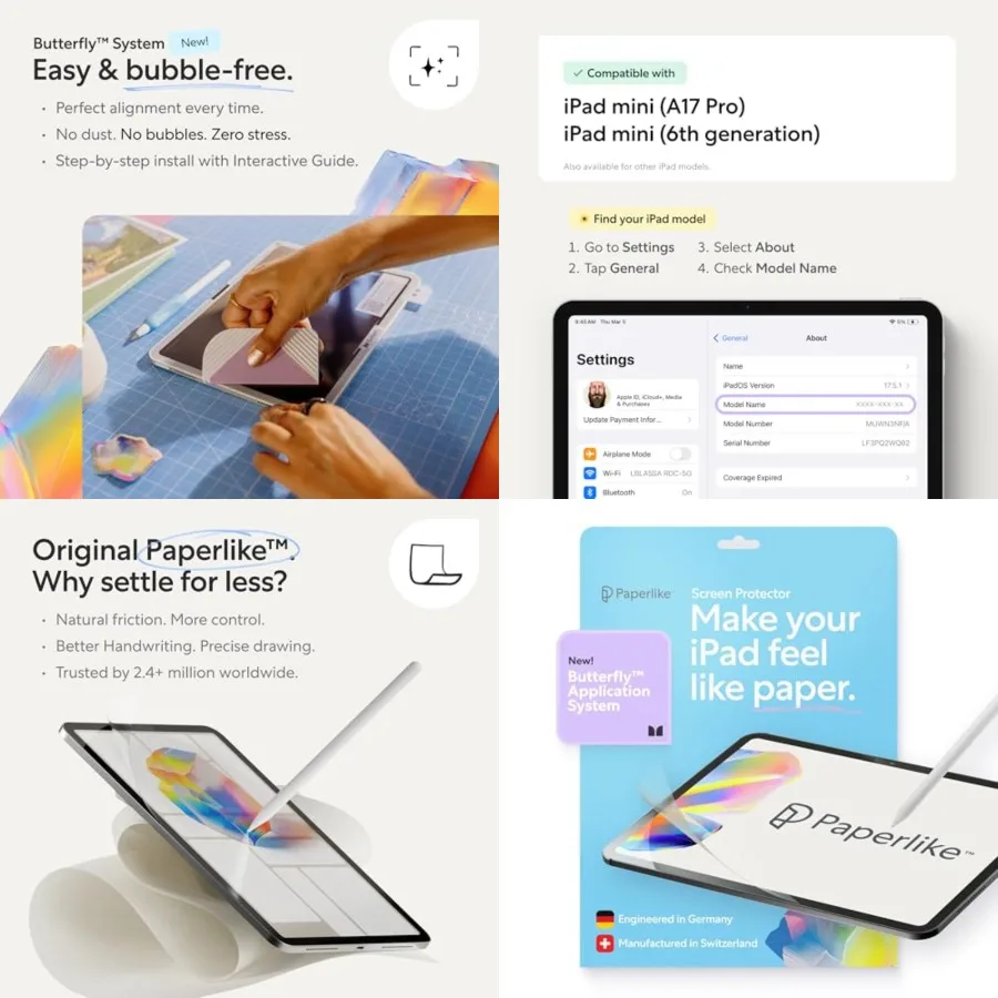 3 Screen tector 2x for (A17, 7th generation) (6th generation) True Paper-Feel, Bubble-Free Install (Butterfly), Protects Pencil
3 Screen tector 2x for (A17, 7th generation) (6th generation) True Paper-Feel, Bubble-Free Install (Butterfly), Protects Pencil