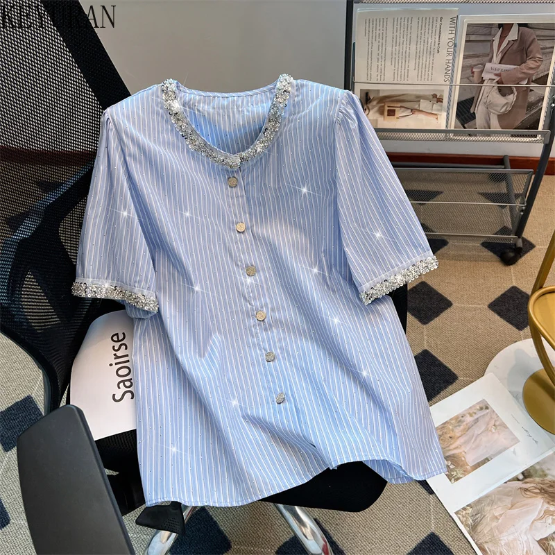 New 2025 Summer Blue Striped Office Ladies Loose Blouses Vintage Women Chic Sequins O Neck Short Sleeve Shirts Casual Loose Tops
New 2025 Summer Blue Striped Office Ladies Loose Blouses Vintage Women Chic Sequins O Neck Short Sleeve Shirts Casual Loose Tops