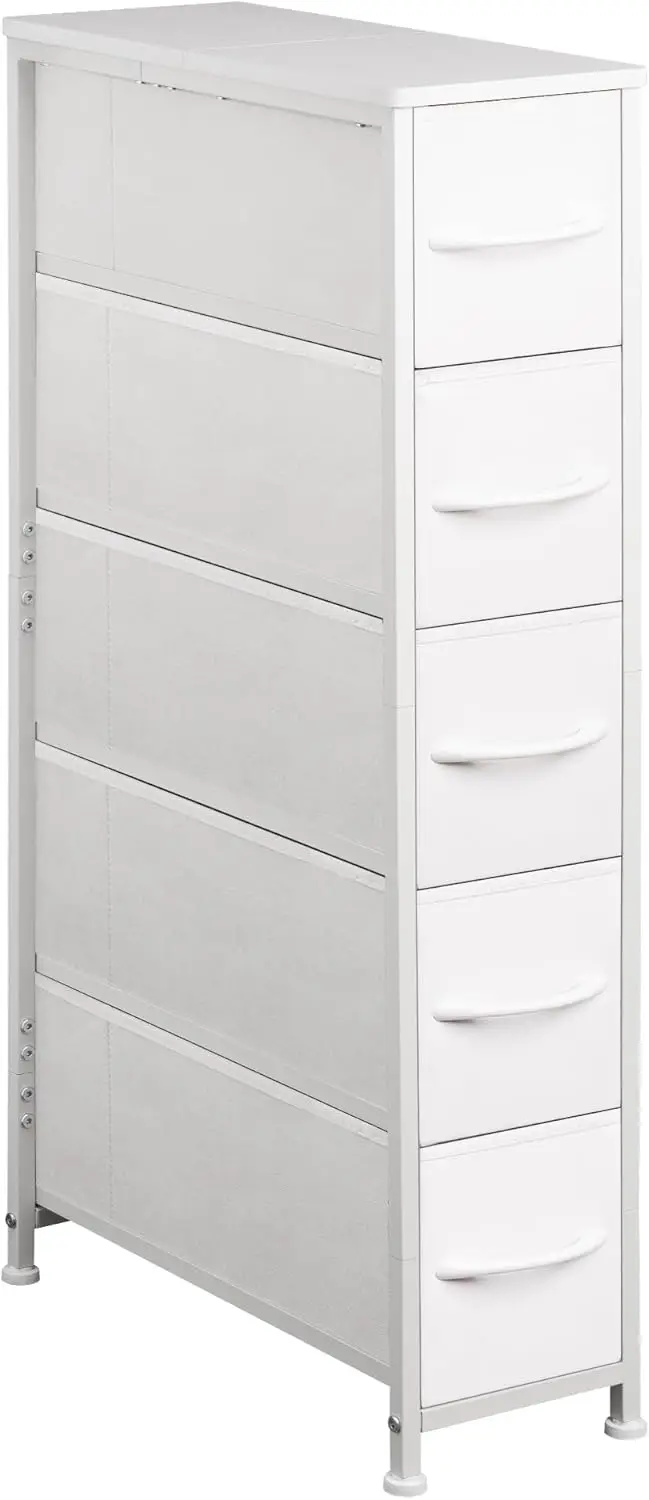Slim 5-Drawer Dresser with Steel Frame & Wood Top, Ideal for Bedroom, Bathroom, Small Spaces, Laundry, Closet in White
Slim 5-Drawer Dresser with Steel Frame & Wood Top, Ideal for Bedroom, Bathroom, Small Spaces, Laundry, Closet in White