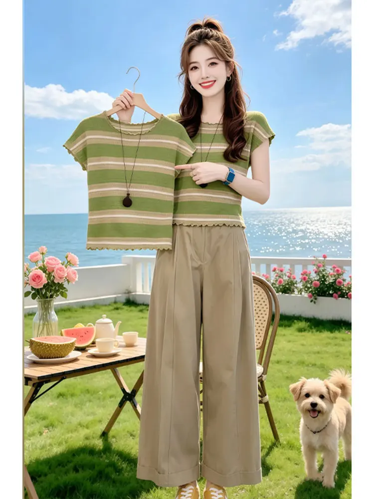 Casual Stripe round Neck Short Sleeve Knitted Top And Wide Leg Pants Two Piece Set Women's Summer Fashion Outfit Breathable
Casual Stripe round Neck Short Sleeve Knitted Top And Wide Leg Pants Two Piece Set Women's Summer Fashion Outfit Breathable