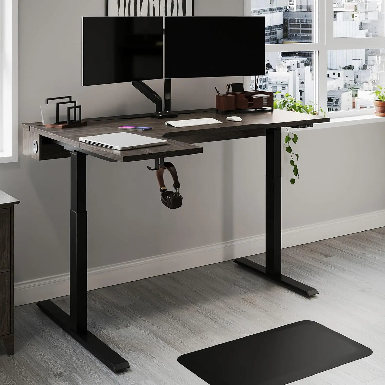 59" L-Shape Height-Adjustable Electric Standing Desk with Built-In Power & Charging, Espresso Oak, Customized
59" L-Shape Height-Adjustable Electric Standing Desk with Built-In Power & Charging, Espresso Oak, Customized