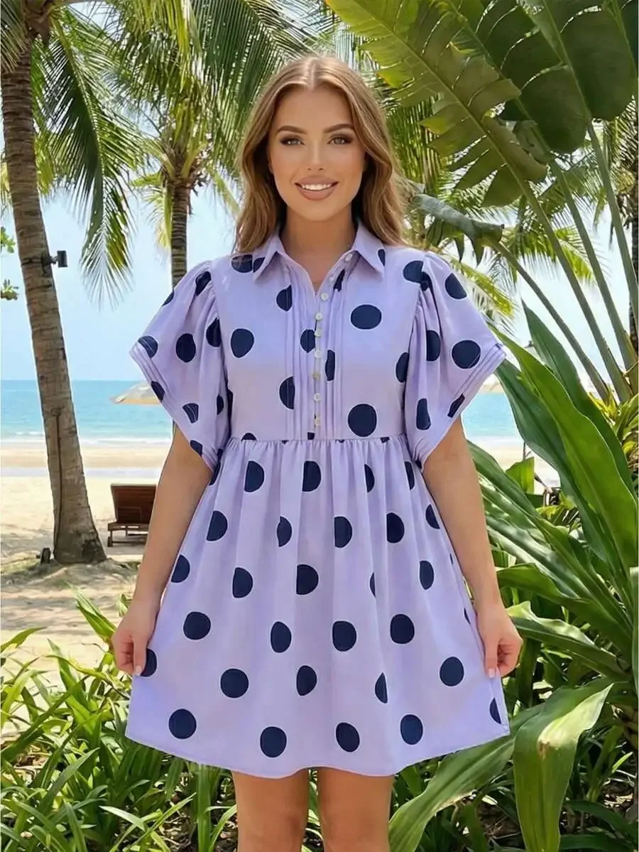 Women Polka Dot Puff Sleeve Collared Mini Dress Button Down Ruched Babydoll Sundress
Women Polka Dot Puff Sleeve Collared Mini Dress Button Down Ruched Babydoll Sundress