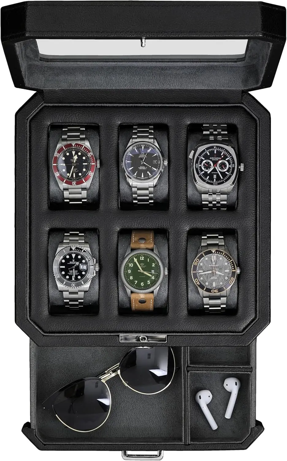 6 Slot Leather Watch Box with Valet Drawer, Luxury Watch Case Display Organizer, Microsuede Liner, Locking Storage for Men
6 Slot Leather Watch Box with Valet Drawer, Luxury Watch Case Display Organizer, Microsuede Liner, Locking Storage for Men