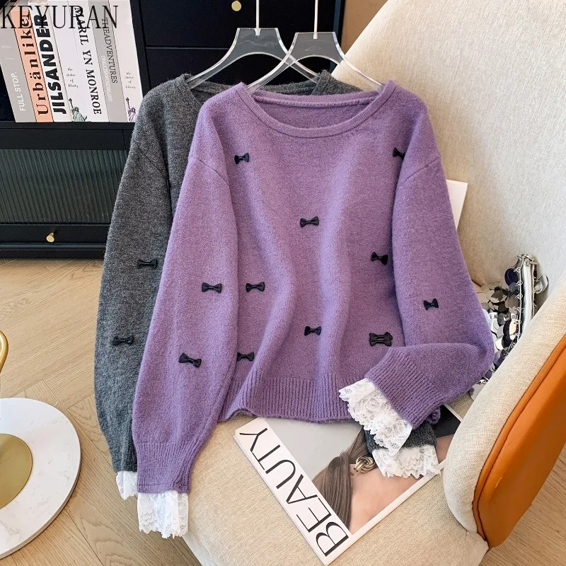 Autumn Winter Lace Pathchwork Bow Sweater Women's Pullover Sweet O-neck Long Sleeve All-match Casual Loose Knitwear Tops Jumper
Autumn Winter Lace Pathchwork Bow Sweater Women's Pullover Sweet O-neck Long Sleeve All-match Casual Loose Knitwear Tops Jumper