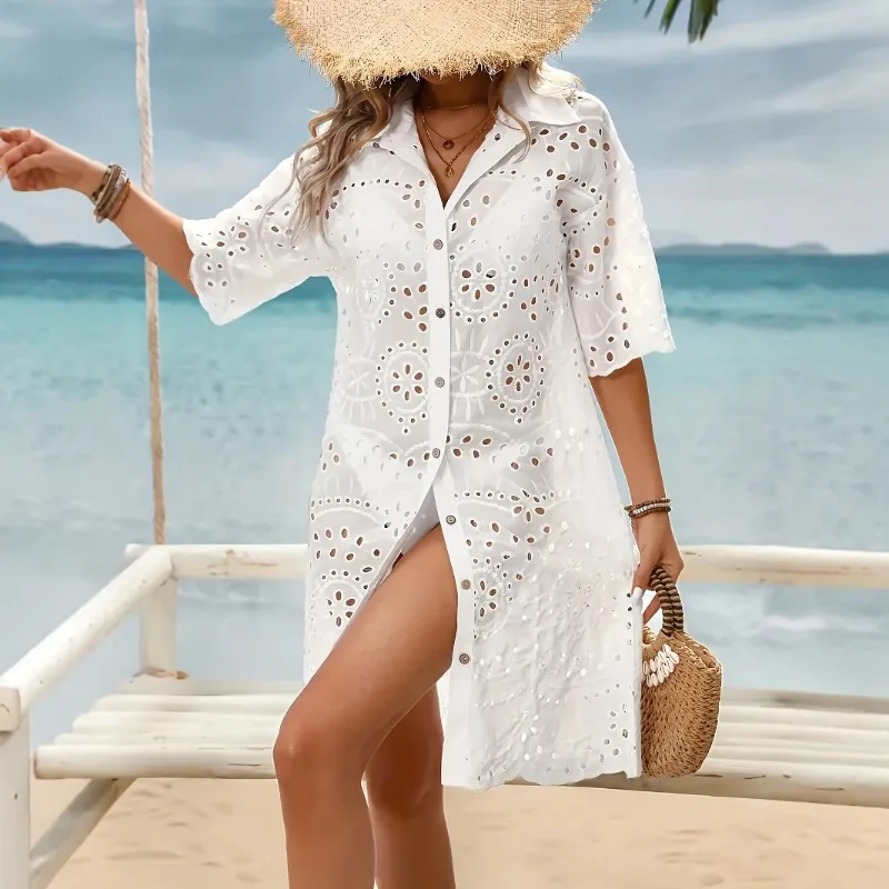 2025 Summer Solid Embroidery Hollow Out Vacation Beach Dress Women Turn Down Collar Single Breasted Short Sleeve Casual Dresses
2025 Summer Solid Embroidery Hollow Out Vacation Beach Dress Women Turn Down Collar Single Breasted Short Sleeve Casual Dresses