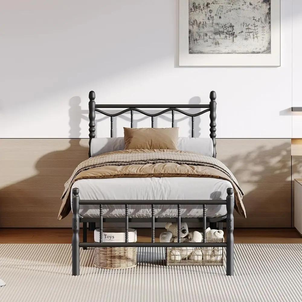 Black Heavy-Duty Metal Twin Bed Frame with Headboard, Footboard, Storage, No Box Spring Needed
Black Heavy-Duty Metal Twin Bed Frame with Headboard, Footboard, Storage, No Box Spring Needed