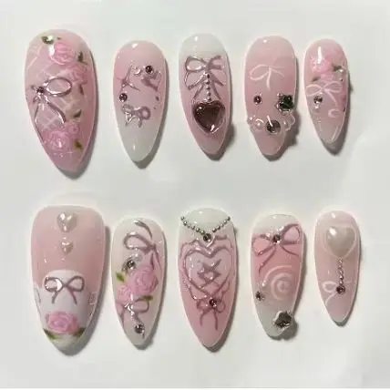 24 шт., накладные ногти Sweet Pink Flora с клеем, 3D Heart Bowknot, миндальный пресс для ногтей с бриллиантами, акриловые носимые накладные ногти
24 шт., накладные ногти Sweet Pink Flora с клеем, 3D Heart Bowknot, миндальный пресс для ногтей с бриллиантами, акриловые носимые накладные ногти