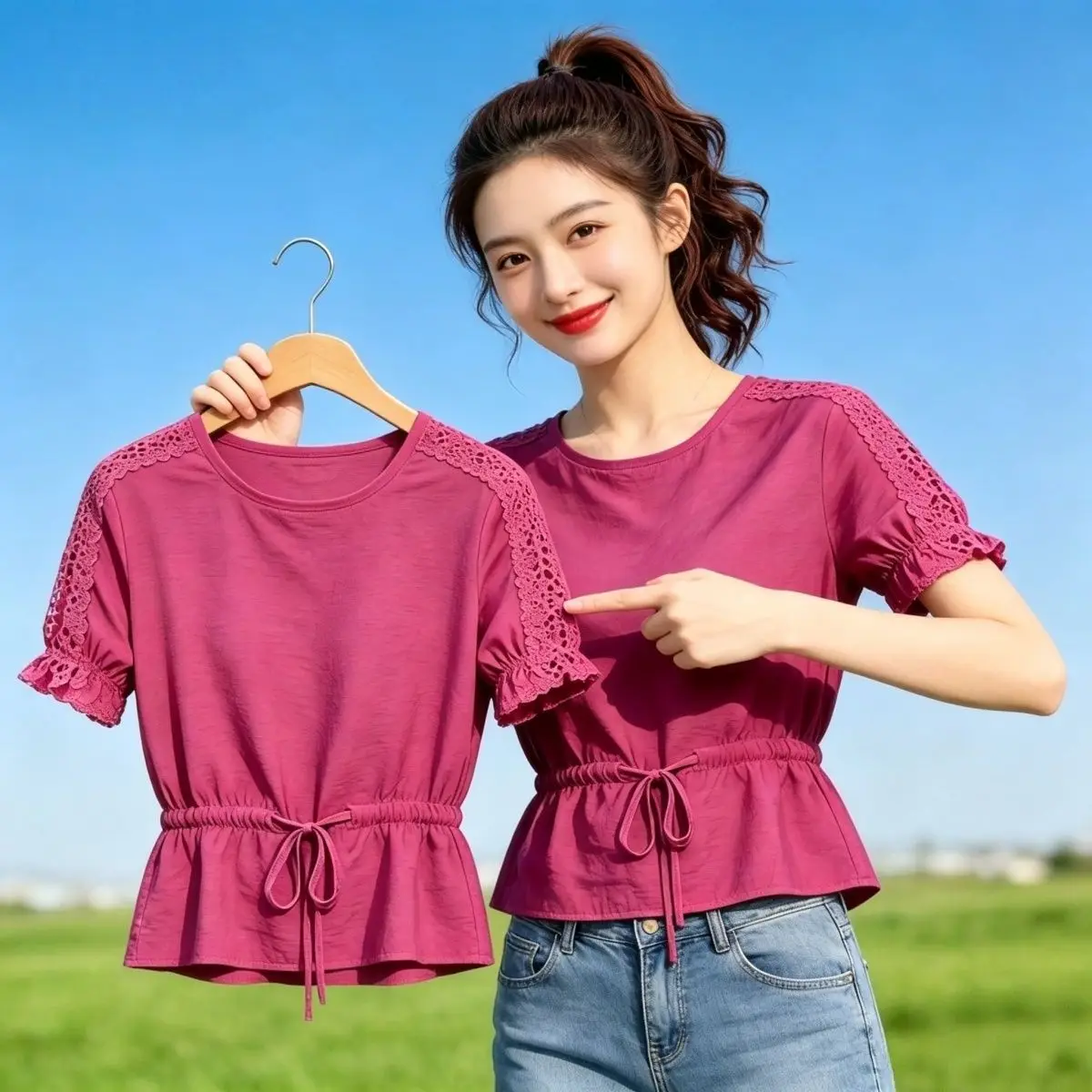 Summer New Style round Neck Lace Splicing Shirt Waist Cinching Belt Slimming Short Women's Top Fashionable Hollow out Design
Summer New Style round Neck Lace Splicing Shirt Waist Cinching Belt Slimming Short Women's Top Fashionable Hollow out Design
