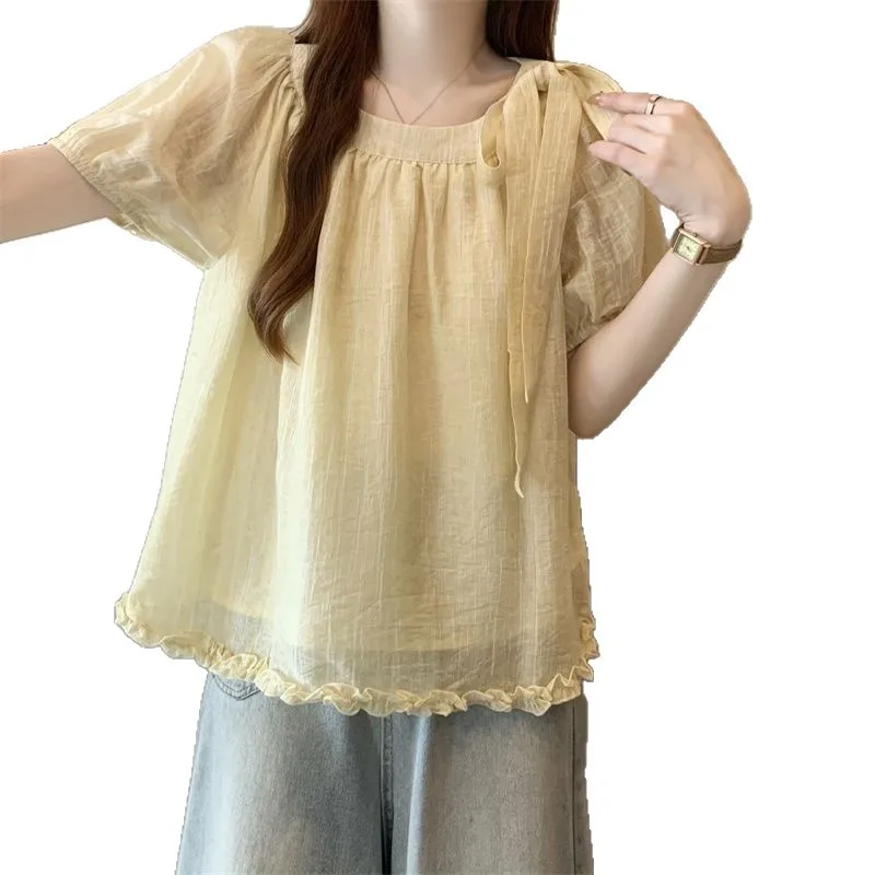 Large size women's clothing summer new solid color loose and cute style bow fungus edge round neck short-sleeved top
Large size women's clothing summer new solid color loose and cute style bow fungus edge round neck short-sleeved top