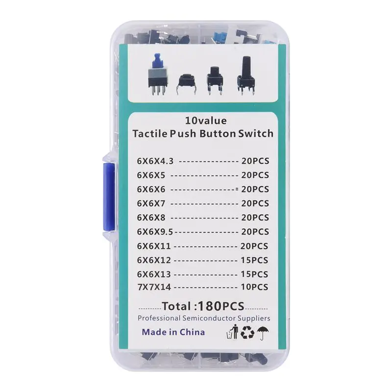 Набор из 10 видов тактильных кнопок-переключателей (180 шт.): миниатюрные, мгновенного действия, микротриггерные
Набор из 10 видов тактильных кнопок-переключателей (180 шт.): миниатюрные, мгновенного действия, микротриггерные