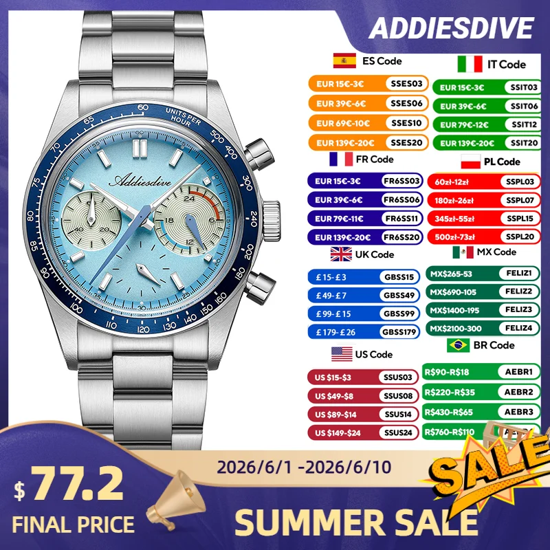 ADDIESDVIE AD2539 Quartz Watch Men Chronograph Watch VK63 316L Stainless Steel 10Bar Waterproof Steel Strap BGW9 Super Luminous
ADDIESDVIE AD2539 Quartz Watch Men Chronograph Watch VK63 316L Stainless Steel 10Bar Waterproof Steel Strap BGW9 Super Luminous