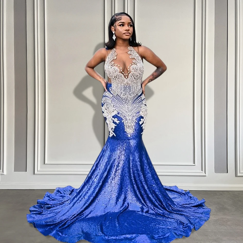 Sparkly Crystals Long Prom Dresses 2025 Blue Sequin Mermaid Black Girls Prom Gala Dress with Silver Rhinestones Customized
Sparkly Crystals Long Prom Dresses 2025 Blue Sequin Mermaid Black Girls Prom Gala Dress with Silver Rhinestones Customized