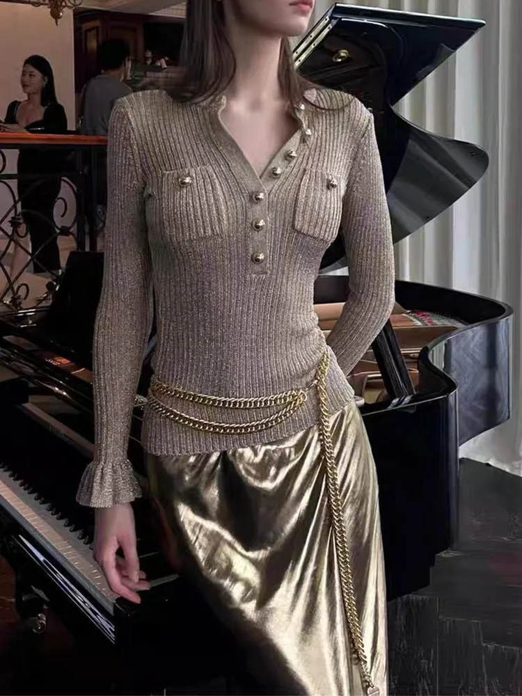 Ele Heavyweight Gold iny Tead Slim Fit round Ne Knitted Top Women's Faion French Sle with Waist Chain Detail
Ele Heavyweight Gold iny Tead Slim Fit round Ne Knitted Top Women's Faion French Sle with Waist Chain Detail