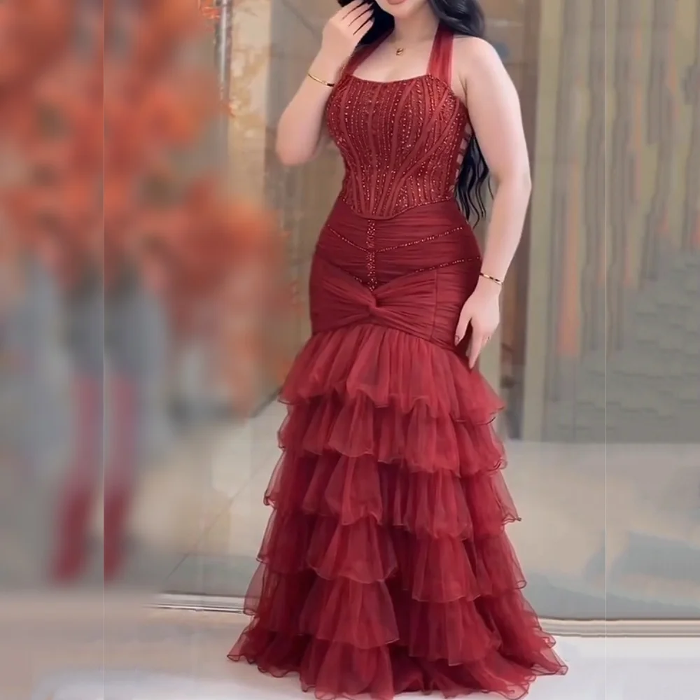 Customized Charming Halter Evening Gown Sleeveless Glitter Tiered Trumpet Long Dresses Formal Wedding Party Dress
Customized Charming Halter Evening Gown Sleeveless Glitter Tiered Trumpet Long Dresses Formal Wedding Party Dress