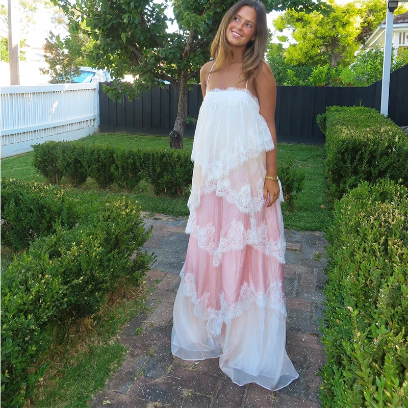 Elegant Pink White Lace Tiered Maxi Dress Women Spaghetti Strap Ruffle Flowy Bridesmaid Wedding Evening Summer Vacation Gown
Elegant Pink White Lace Tiered Maxi Dress Women Spaghetti Strap Ruffle Flowy Bridesmaid Wedding Evening Summer Vacation Gown