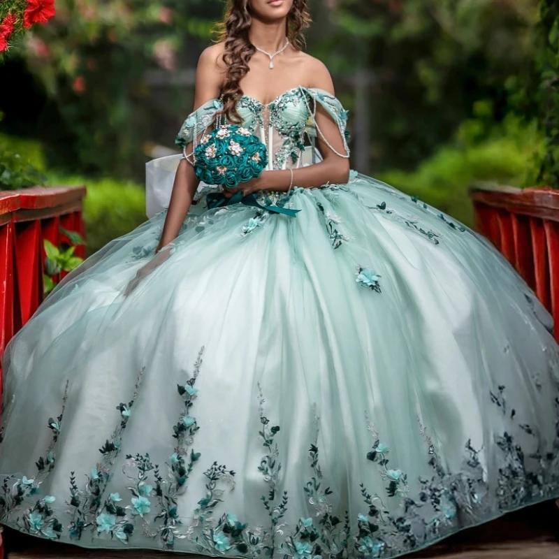 Светло-зеленое платье Quinceanera с открытыми плечами, бальное платье Sweet 16, кружевное платье с аппликацией и бусинами, тюлевое платье для дня рождения, Vestidos 15 Anos
Светло-зеленое платье Quinceanera с открытыми плечами, бальное платье Sweet 16, кружевное платье с аппликацией и бусинами, тюлевое платье для дня рождения, Vestidos 15 Anos