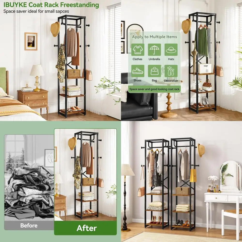 Rustic Brown Wooden Hall Tree with 3 Shelves and 8 Hooks for Entryway, Hallway, or Bedroom
Rustic Brown Wooden Hall Tree with 3 Shelves and 8 Hooks for Entryway, Hallway, or Bedroom