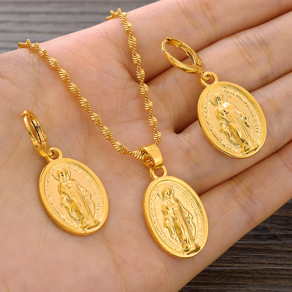 African Necklace Woman Nigerian Gold Color Jesus Necklace and Earrings Set For Women Bridal Dubai Golden Jewellery Set
African Necklace Woman Nigerian Gold Color Jesus Necklace and Earrings Set For Women Bridal Dubai Golden Jewellery Set