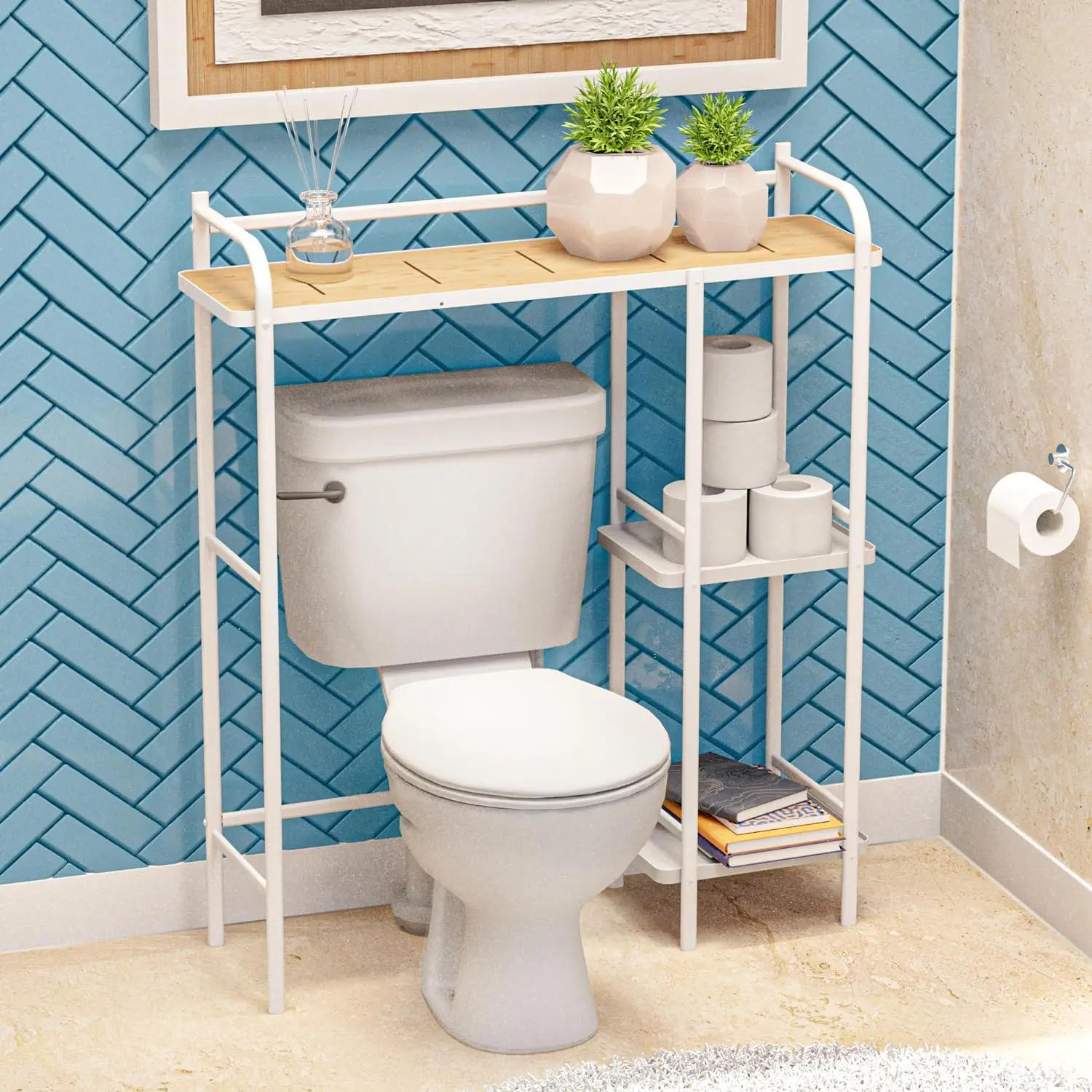 Over The Toilet Bathroom Storage Organizer With Slim Shelving For Your Restroom, Kitchen, Or Living Room, White Bamboo Accent
Over The Toilet Bathroom Storage Organizer With Slim Shelving For Your Restroom, Kitchen, Or Living Room, White Bamboo Accent
