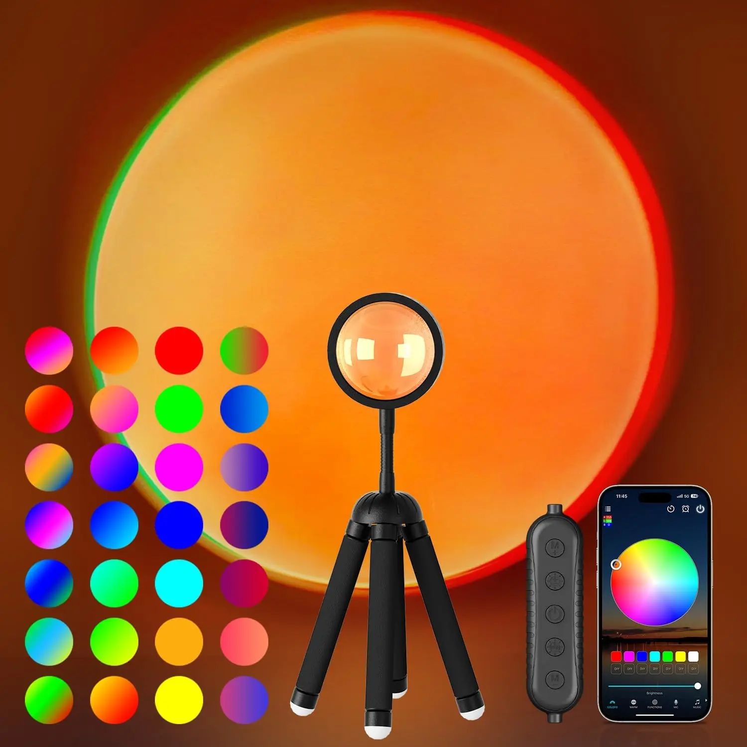 APP Control Sunset Lamp, RGB+W LED, 360° Rotation, Mood Lighting for Room Decor, Gift
APP Control Sunset Lamp, RGB+W LED, 360° Rotation, Mood Lighting for Room Decor, Gift