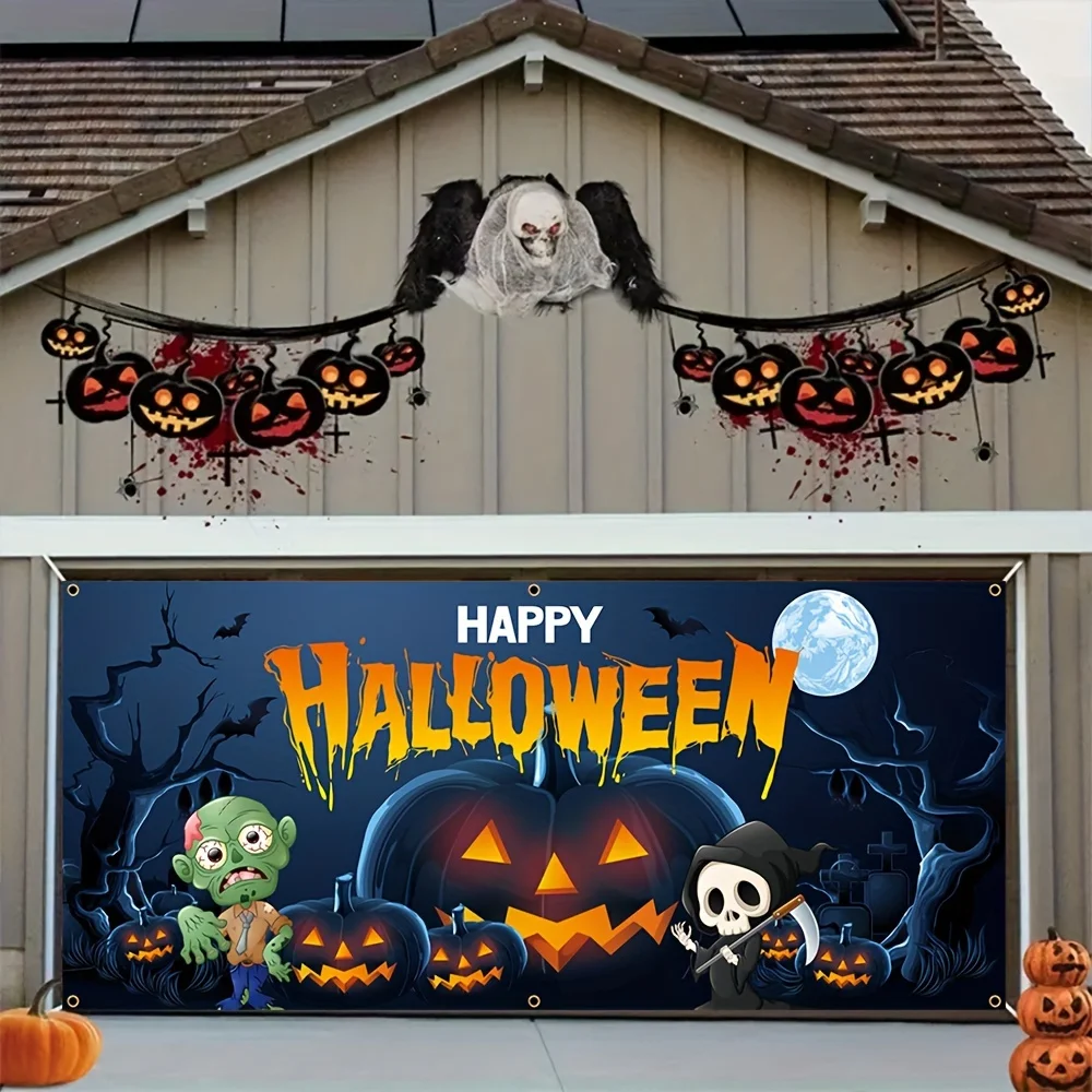 Halloween garage door banner, durable polyester, huge pumpkin and green monster design, scary night party decoration
Halloween garage door banner, durable polyester, huge pumpkin and green monster design, scary night party decoration