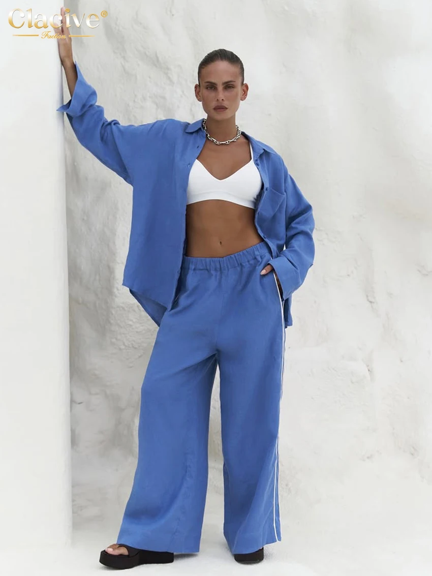 Clacive Fashion Loose Blue Cotton Two Piece Outfits Woman 2025 Elegant Long Sleeve Blouse With High Waist Wide Pants Set Female
Clacive Fashion Loose Blue Cotton Two Piece Outfits Woman 2025 Elegant Long Sleeve Blouse With High Waist Wide Pants Set Female