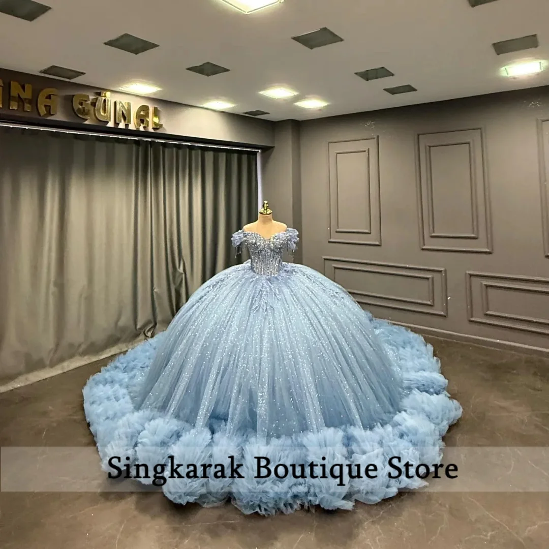 Sea Blue Shiny Quinceanera Dresses Off Shoulder Applique Beading Crystal Party Birthday Sweet 16 Dress Vestidos 15 De Customized
Sea Blue Shiny Quinceanera Dresses Off Shoulder Applique Beading Crystal Party Birthday Sweet 16 Dress Vestidos 15 De Customized