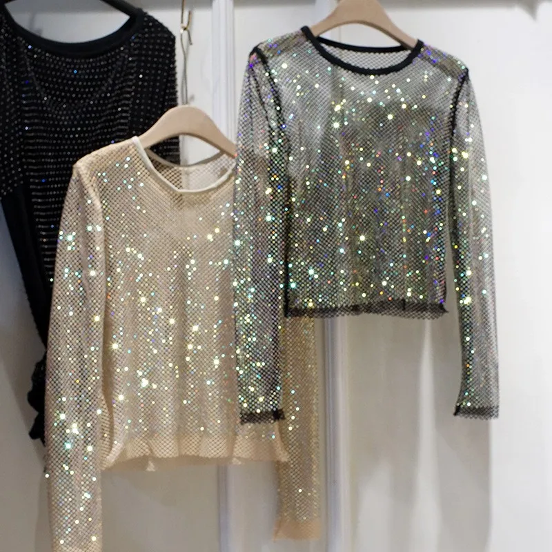 Women Blouse Longsleeve Mesh Rhinestone Round Neck Long Sleeve Blouse Cropped Sheer Black Tunic Top Sparkly Sequined Party Top
Women Blouse Longsleeve Mesh Rhinestone Round Neck Long Sleeve Blouse Cropped Sheer Black Tunic Top Sparkly Sequined Party Top