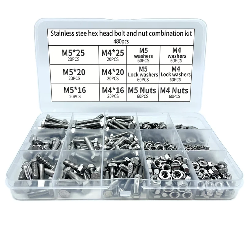 480pcs Stainless Steel Hexagon Head Bolt and Nut Combination Kit - M4 M5 X 16mm 20mm 25mm - Full Thread Set
480pcs Stainless Steel Hexagon Head Bolt and Nut Combination Kit - M4 M5 X 16mm 20mm 25mm - Full Thread Set