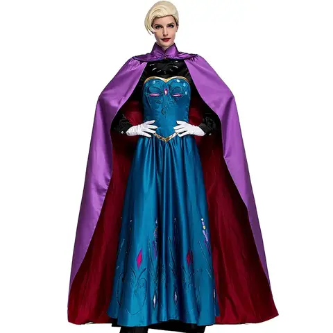 Deluxe Elsa Anna Princess Halloween Costume Robe Cloak Dress Women Long Cape Fancy Satin Embroidery Cosplay Outfit For Adult