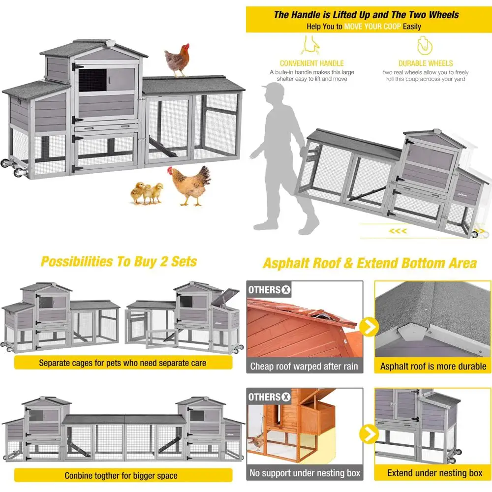 80-дюймовый мобильный курятник с уличной деревянной клеткой для птицы, колесами и ящиком для гнездования 
80-дюймовый мобильный курятник с уличной деревянной клеткой для птицы, колесами и ящиком для гнездования