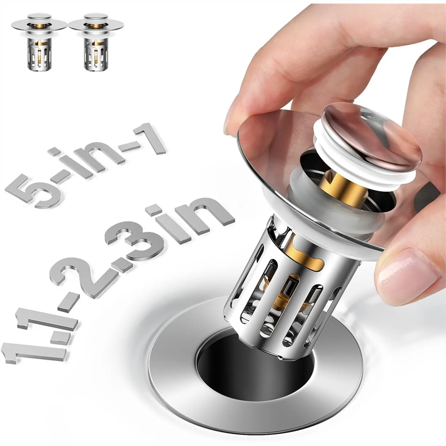Pop-Up Bathroom Sink Stopper with Hair Catcher, Anti-Clog Drain Strainer, All Metal Brass Core, Fit 1.1"-2.36"
Pop-Up Bathroom Sink Stopper with Hair Catcher, Anti-Clog Drain Strainer, All Metal Brass Core, Fit 1.1"-2.36"