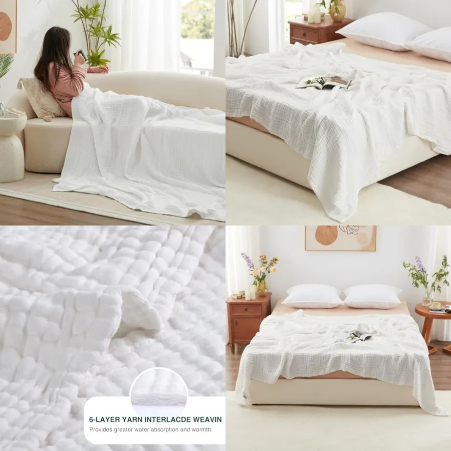 100 Cotton Muslin Blanket, 6 Layer Lightweight Breathable Gauze King Size Blanket 108 x 90 Inch, Soft Summer Blanket for Bed
100 Cotton Muslin Blanket, 6 Layer Lightweight Breathable Gauze King Size Blanket 108 x 90 Inch, Soft Summer Blanket for Bed
