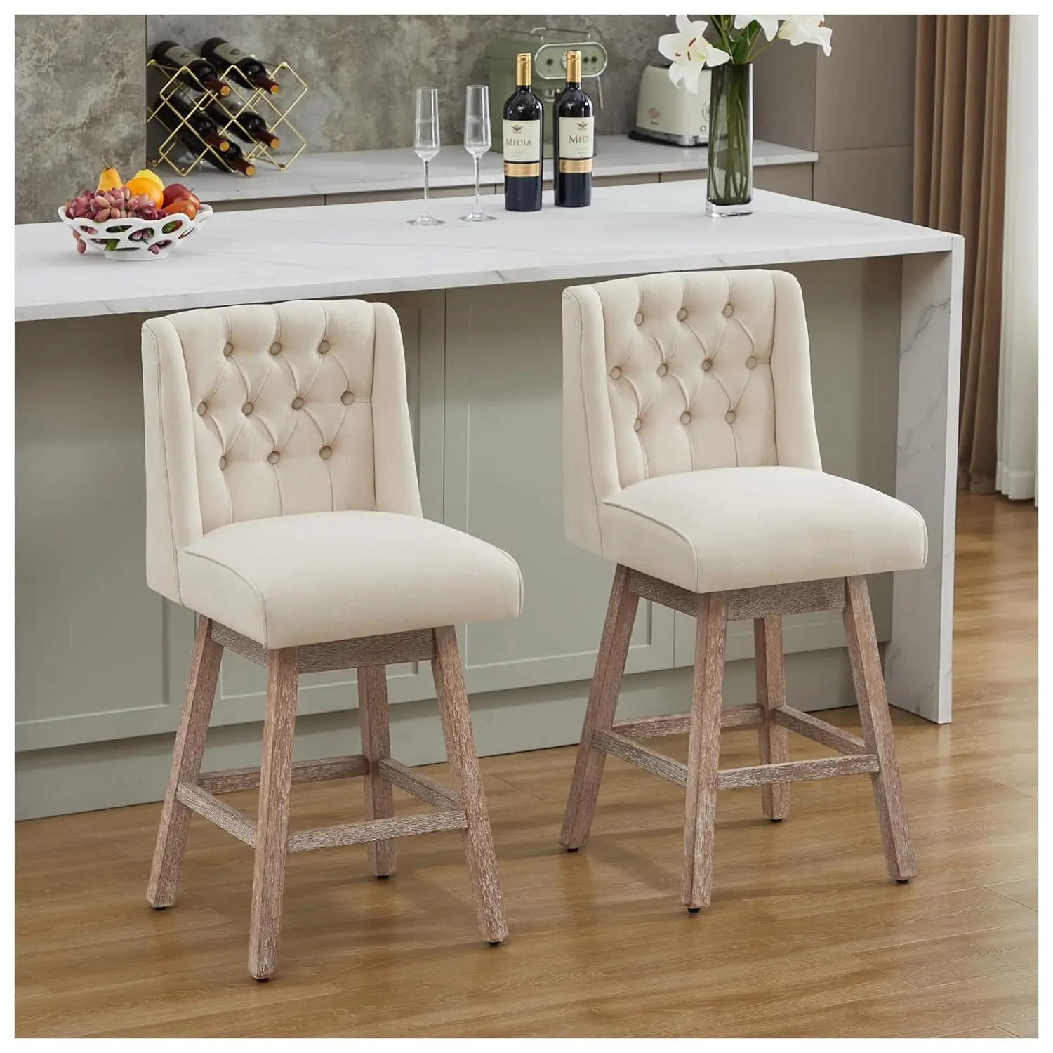 Counter Height Bar Stools Set of 2, 360°Swivel Bar Stools with Back and Wood Legs, 26" Morden Linen Fabric Upholstered Barstools
Counter Height Bar Stools Set of 2, 360°Swivel Bar Stools with Back and Wood Legs, 26" Morden Linen Fabric Upholstered Barstools