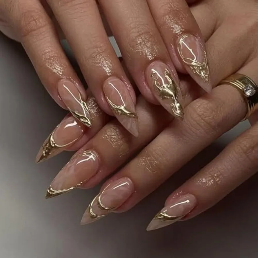 Gold Press On Almond False Nails - Medium Fake Nails with 3D Gold Chrome Design - Glossy Full Cover Stick On Press Ons for Wome
Gold Press On Almond False Nails - Medium Fake Nails with 3D Gold Chrome Design - Glossy Full Cover Stick On Press Ons for Wome