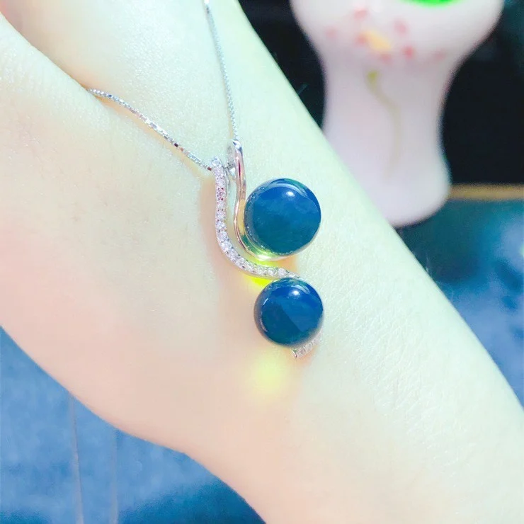 9mm Natural Blue Amber Necklace Double Pendant, A Wonderful Anniversary Gift For Her 
9mm Natural Blue Amber Necklace Double Pendant, A Wonderful Anniversary Gift For Her