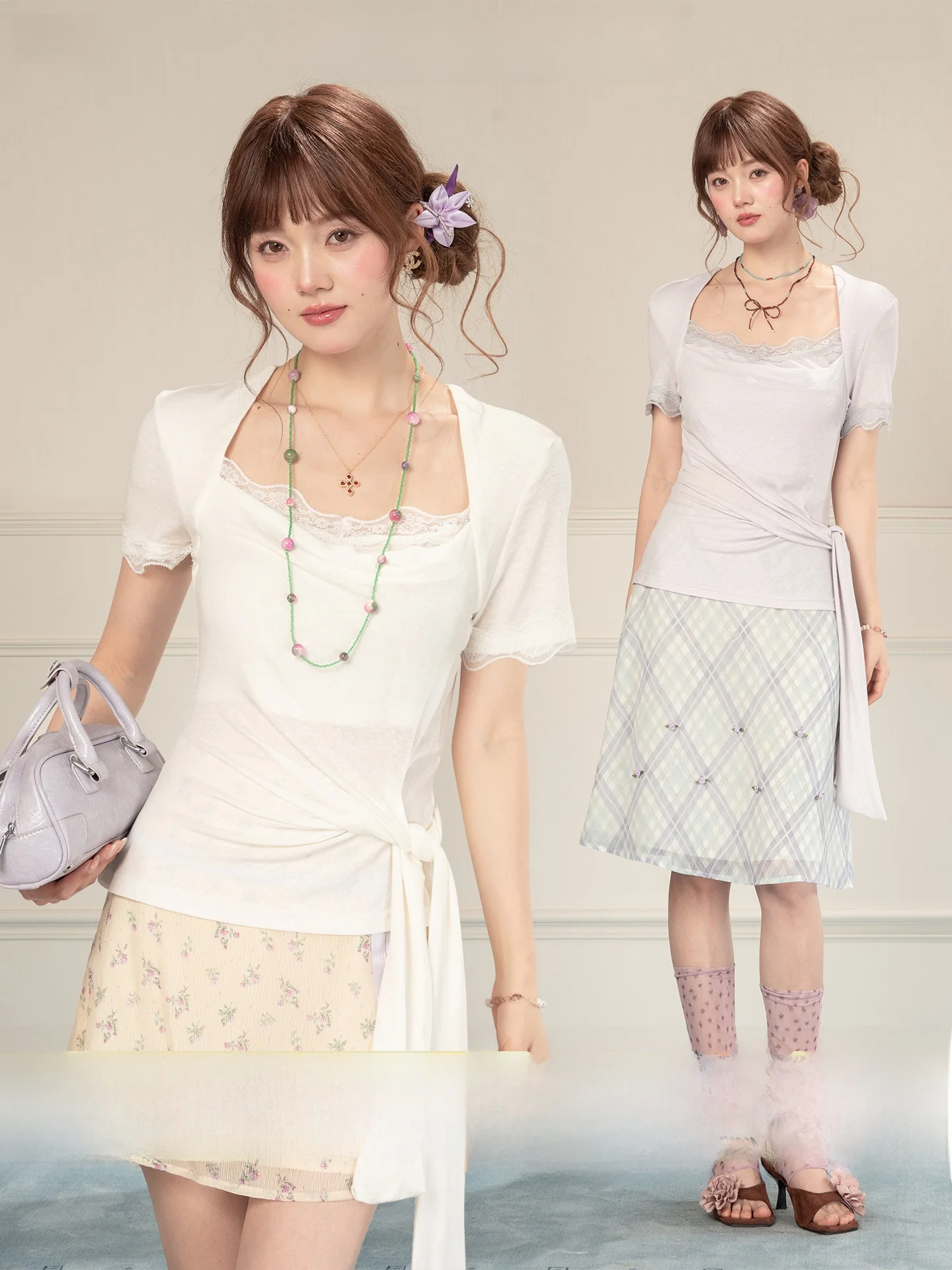 Heynew Gentle Purple Lace Trim Square Collar T-Shirt Women Summer Slimming Young-looking Top Fake Two-Piece Short Sleeve Cott...
Heynew Gentle Purple Lace Trim Square Collar T-Shirt Women Summer Slimming Young-looking Top Fake Two-Piece Short Sleeve Cott...
