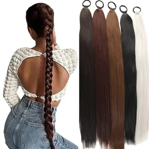 Long Yaki Straight Braid Ponytail Extensions DIY Braided Ponytail Hairpiece for Women Synthetic Straight Wrap Around Horse Tail