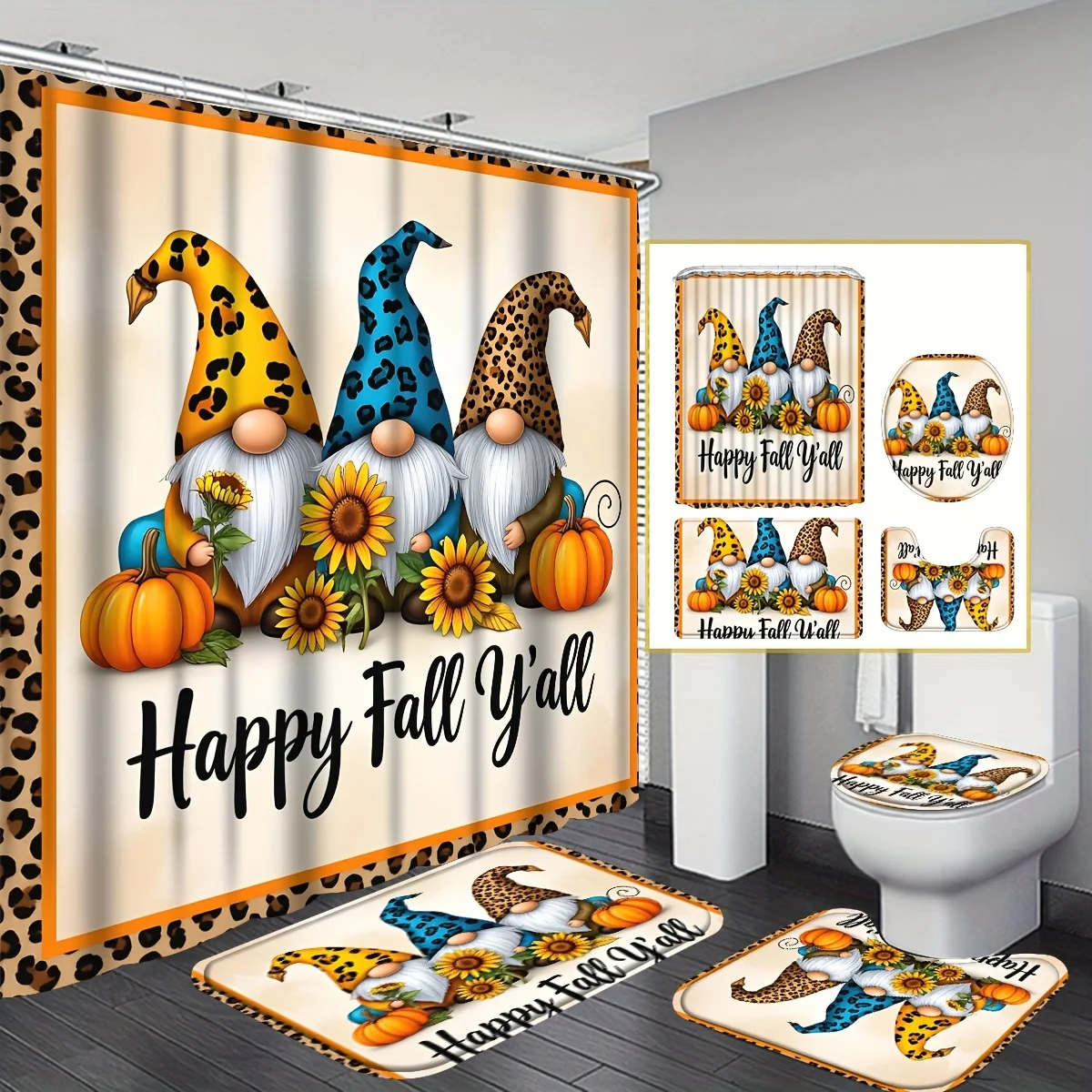 Thanksgiving Gnomes Truck Sunflower Shower Curtain Set with Non-Slip Mats & Toilet Cover, Fall Harvest Pumpkins Bathroom Decor
Thanksgiving Gnomes Truck Sunflower Shower Curtain Set with Non-Slip Mats & Toilet Cover, Fall Harvest Pumpkins Bathroom Decor