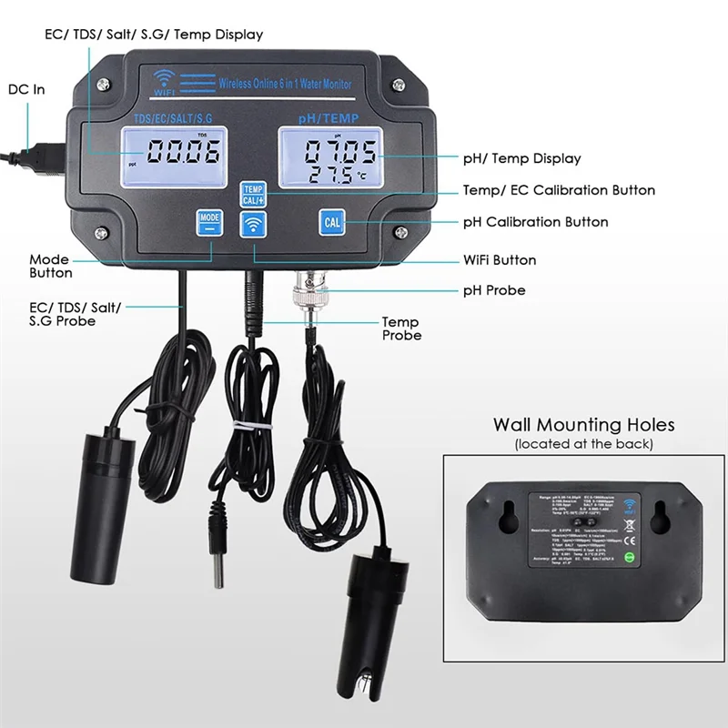 ABWZ-Smart Water Quality Tester 6-In-1 PH/EC/TDS/Salinity/S.G And Temperature Monitor With Wi-Fi - EU Plug
ABWZ-Smart Water Quality Tester 6-In-1 PH/EC/TDS/Salinity/S.G And Temperature Monitor With Wi-Fi - EU Plug