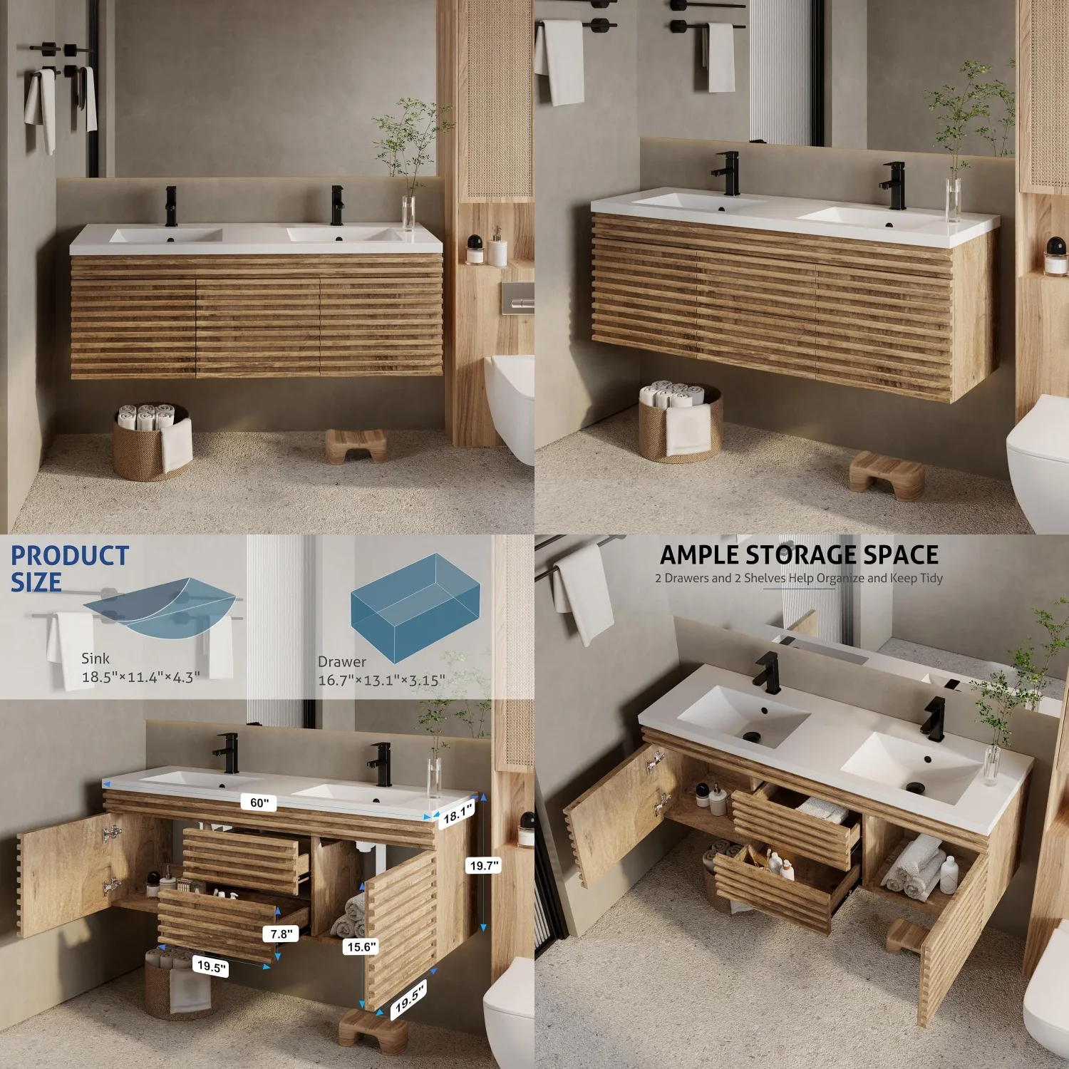 60" Floating Vanity Combo Wall Mounted Wood Stripes Cabinet Undermount Double Sink Faucet Drain Walnut, Customized
60" Floating Vanity Combo Wall Mounted Wood Stripes Cabinet Undermount Double Sink Faucet Drain Walnut, Customized