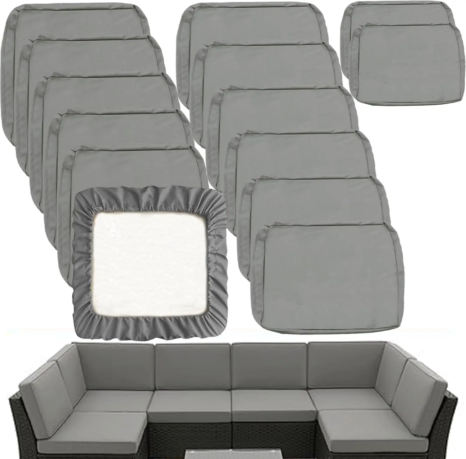 Waterproof Outdoor Cushion Covers, 14Pcs Slipcovers for 7-Piece Rattan Sectional Sofa, Washable Seat and Back Covers in Grey
Waterproof Outdoor Cushion Covers, 14Pcs Slipcovers for 7-Piece Rattan Sectional Sofa, Washable Seat and Back Covers in Grey