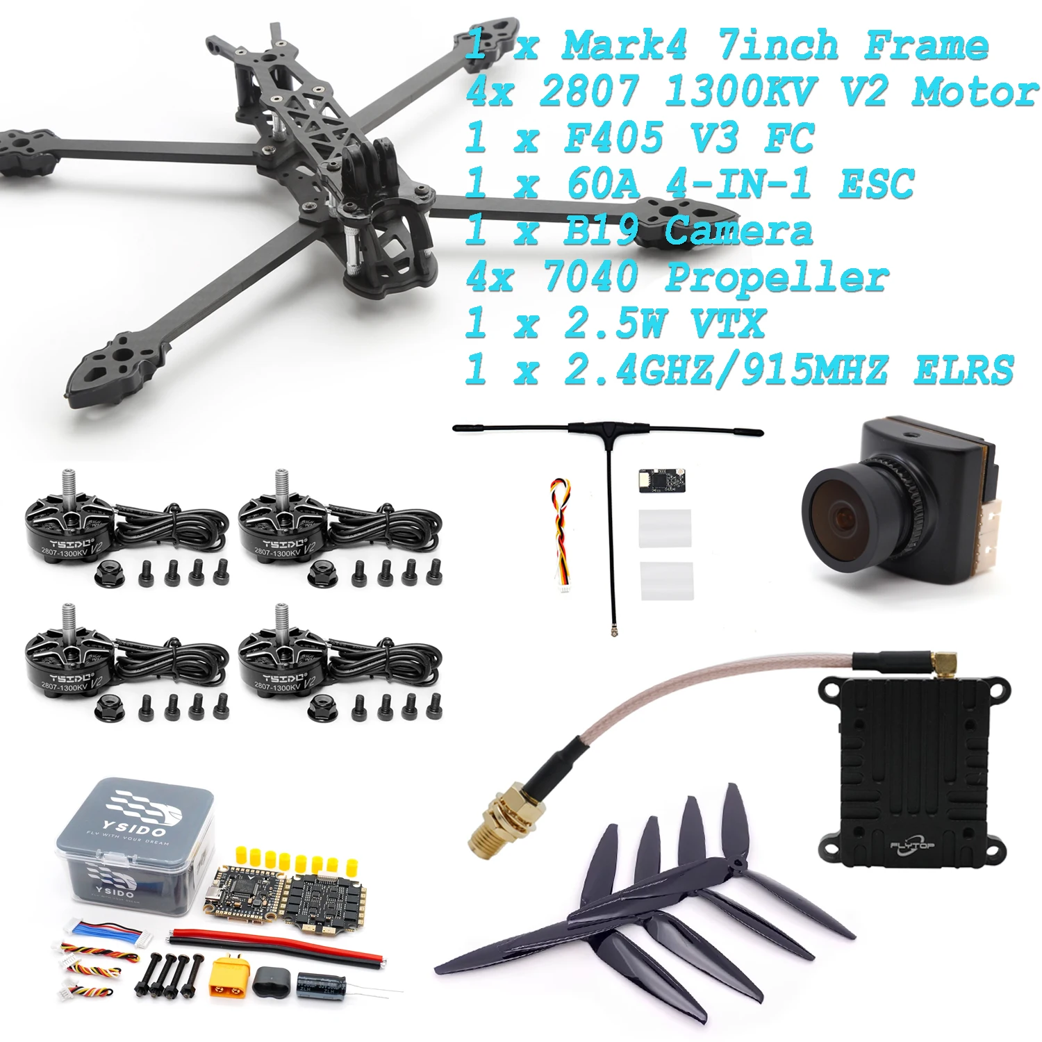 Mark4 7inch/295mm Frame Kit 2807 Brushless Motor F405 V3 FC 60A ESC Stack Set B19 Camera 7040 Propeller 2.5W VTX ELRS DIY Parts
Mark4 7inch/295mm Frame Kit 2807 Brushless Motor F405 V3 FC 60A ESC Stack Set B19 Camera 7040 Propeller 2.5W VTX ELRS DIY Parts