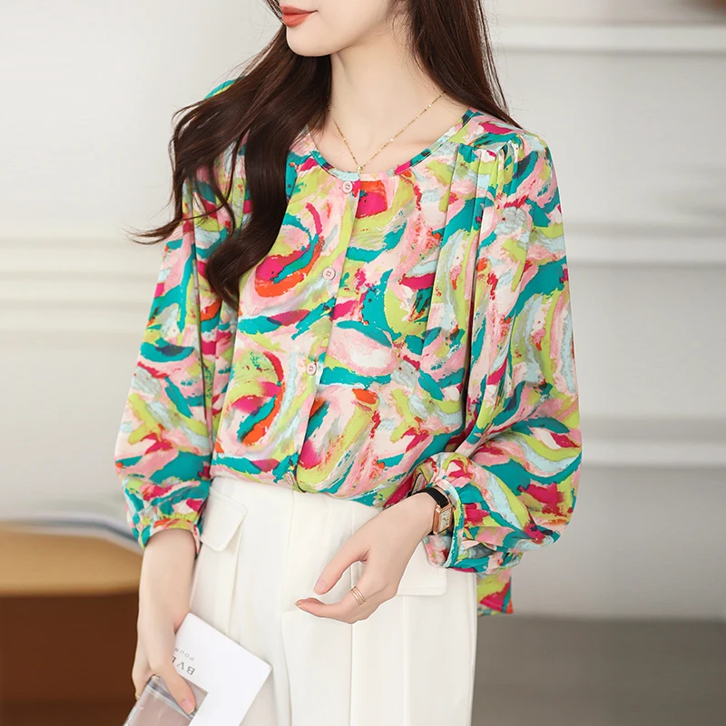Pink Printing Chic Office Lady Chiffon O-Neck Puff Sleeve Loose Women's Blouse Shirt Korean Fashion Female Clothing Tops 2024
Pink Printing Chic Office Lady Chiffon O-Neck Puff Sleeve Loose Women's Blouse Shirt Korean Fashion Female Clothing Tops 2024
