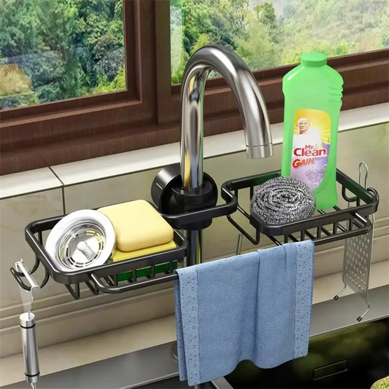 Kitchen faucet storage rack, sponge soap drainage storage rack, hanging sink storage rack with towel bar
Kitchen faucet storage rack, sponge soap drainage storage rack, hanging sink storage rack with towel bar