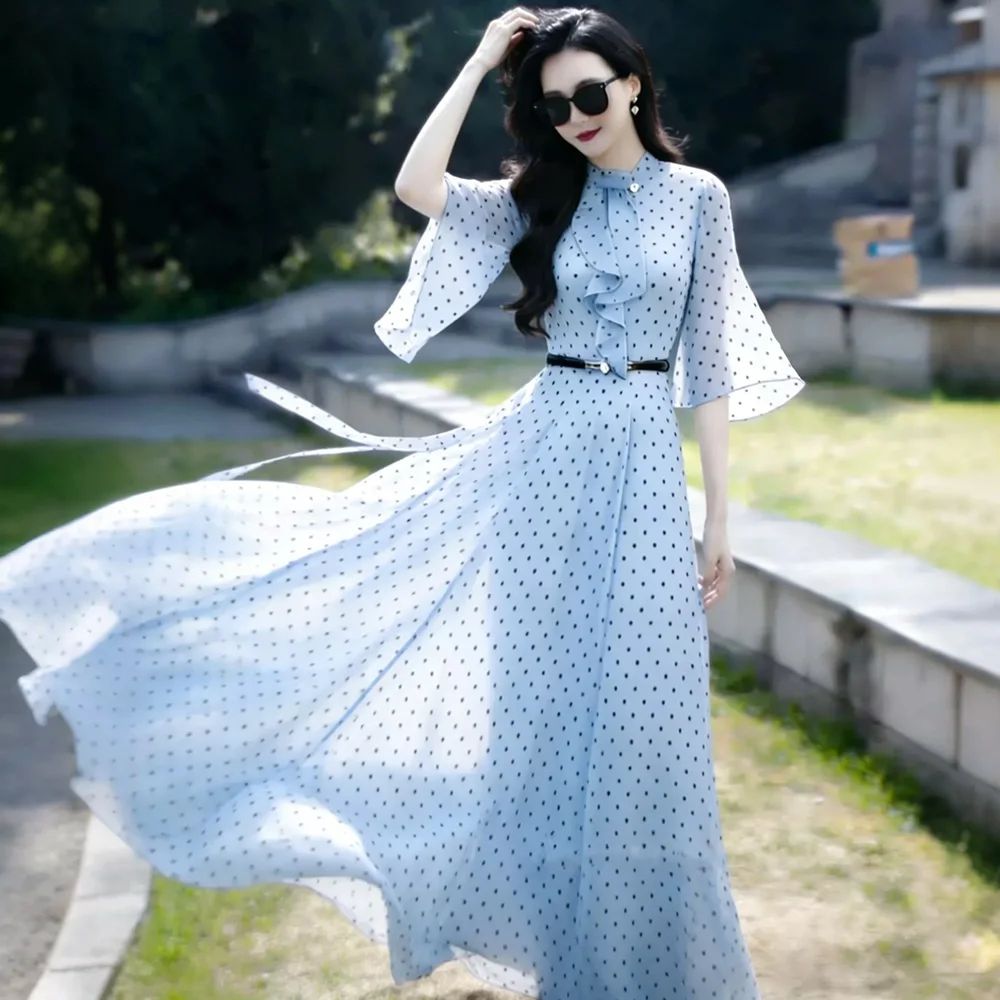 New Women Summer Light Blue Dot Long Dress Fashion Stand Collar Flare Sleeve High Waist Slim Dress Elegant Flowing Daily Dress
New Women Summer Light Blue Dot Long Dress Fashion Stand Collar Flare Sleeve High Waist Slim Dress Elegant Flowing Daily Dress