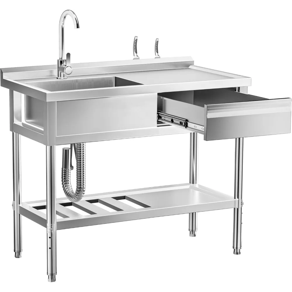39-дюймовая универсальная раковина из нержавеющей стали 304, отдельно стоящая коммерческая раковина с верстаком, ящиком для хранения и трубками горячей/холодной воды для La 
39-дюймовая универсальная раковина из нержавеющей стали 304, отдельно стоящая коммерческая раковина с верстаком, ящиком для хранения и трубками горячей/холодной воды для La